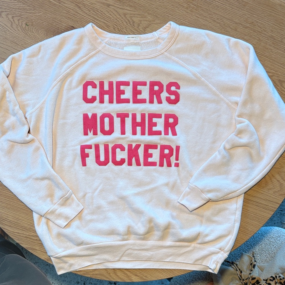 MOTHER Cream Sweater with Bold Pink Text